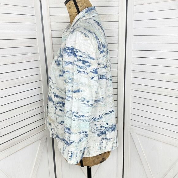 Chico’s Watercolor Linen Blend Open Front Topper Jacket White Blue Small - Picture 2 of 14